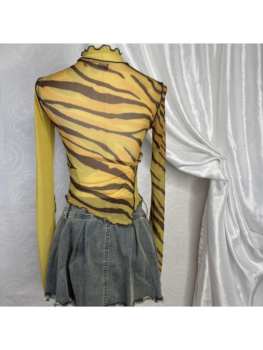 Urban Outfitters Sheer Mesh Top Small Green Asymmetrical Patchwork Animal Print - Picture 3 of 4